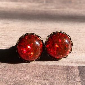 Red Glitter Bomb Bronze Crown Stud Earrings!